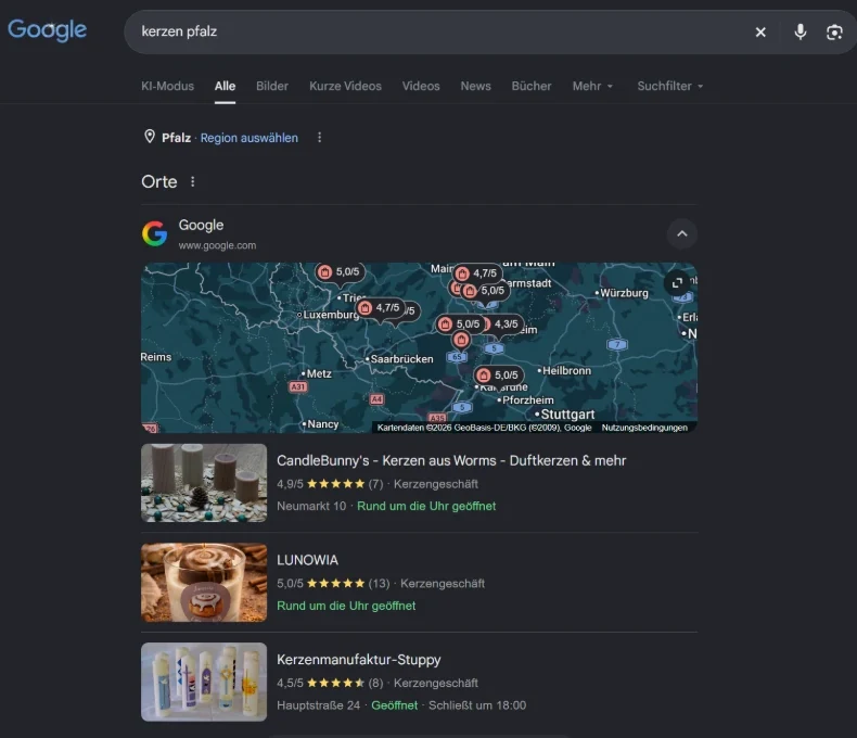 Google-Suche nach Kerzen Pfalz: LUNOWIA mit 5,0 Sternen unter den ersten drei Kerzengeschäften in Google Maps