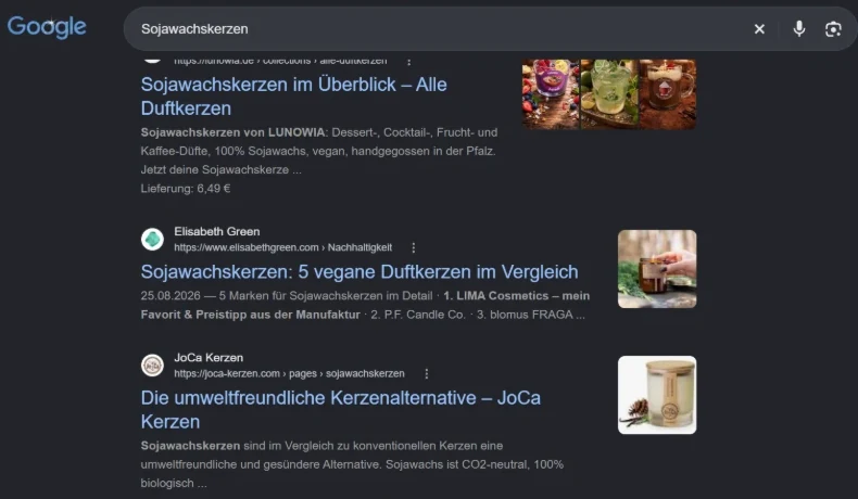 Google-Suche nach Sojawachskerzen: LUNOWIA auf der ersten Ergebnisseite